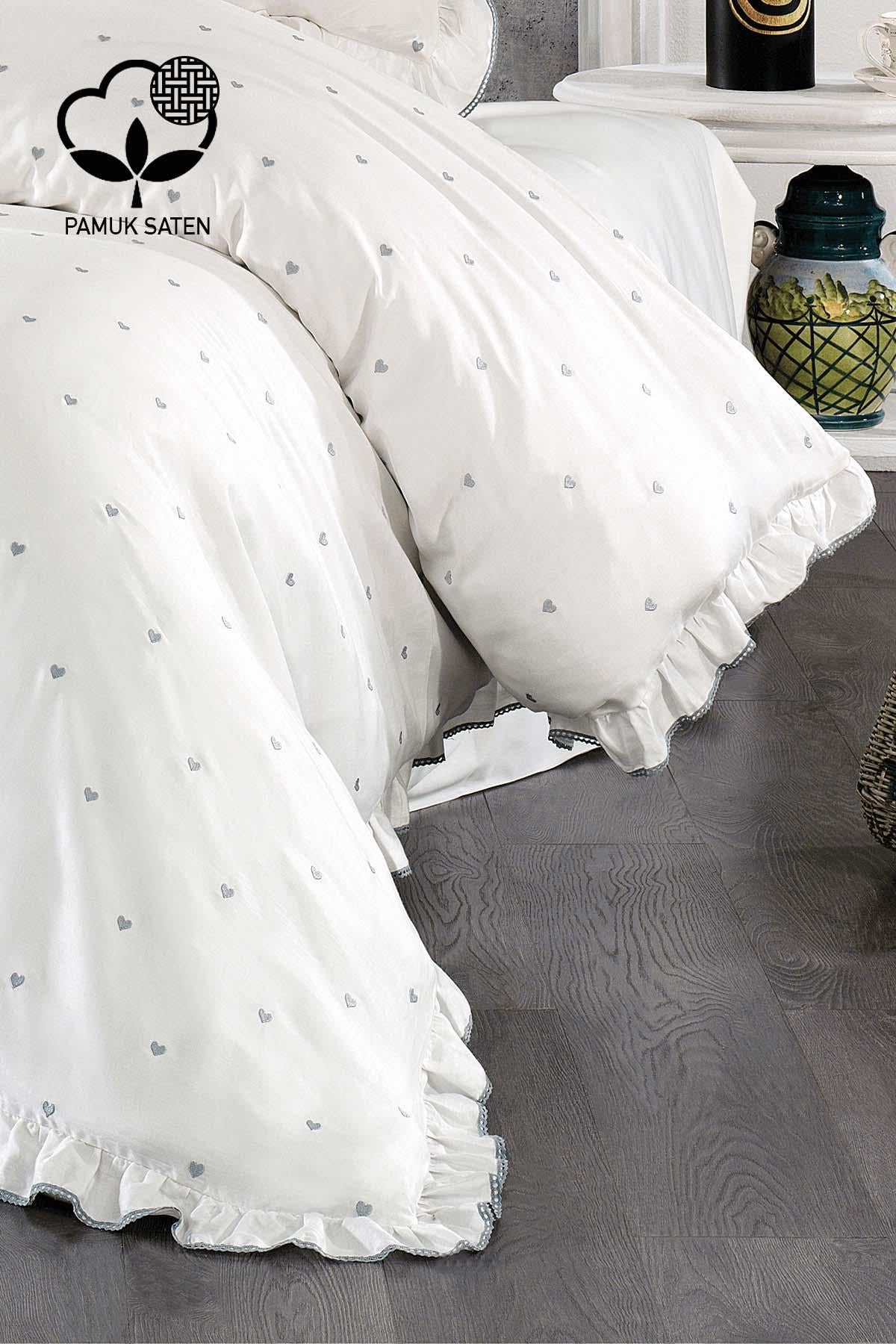 Amore Heart Embroidered Cotton Satin King Size 6-Piece Duvet Cover Set
