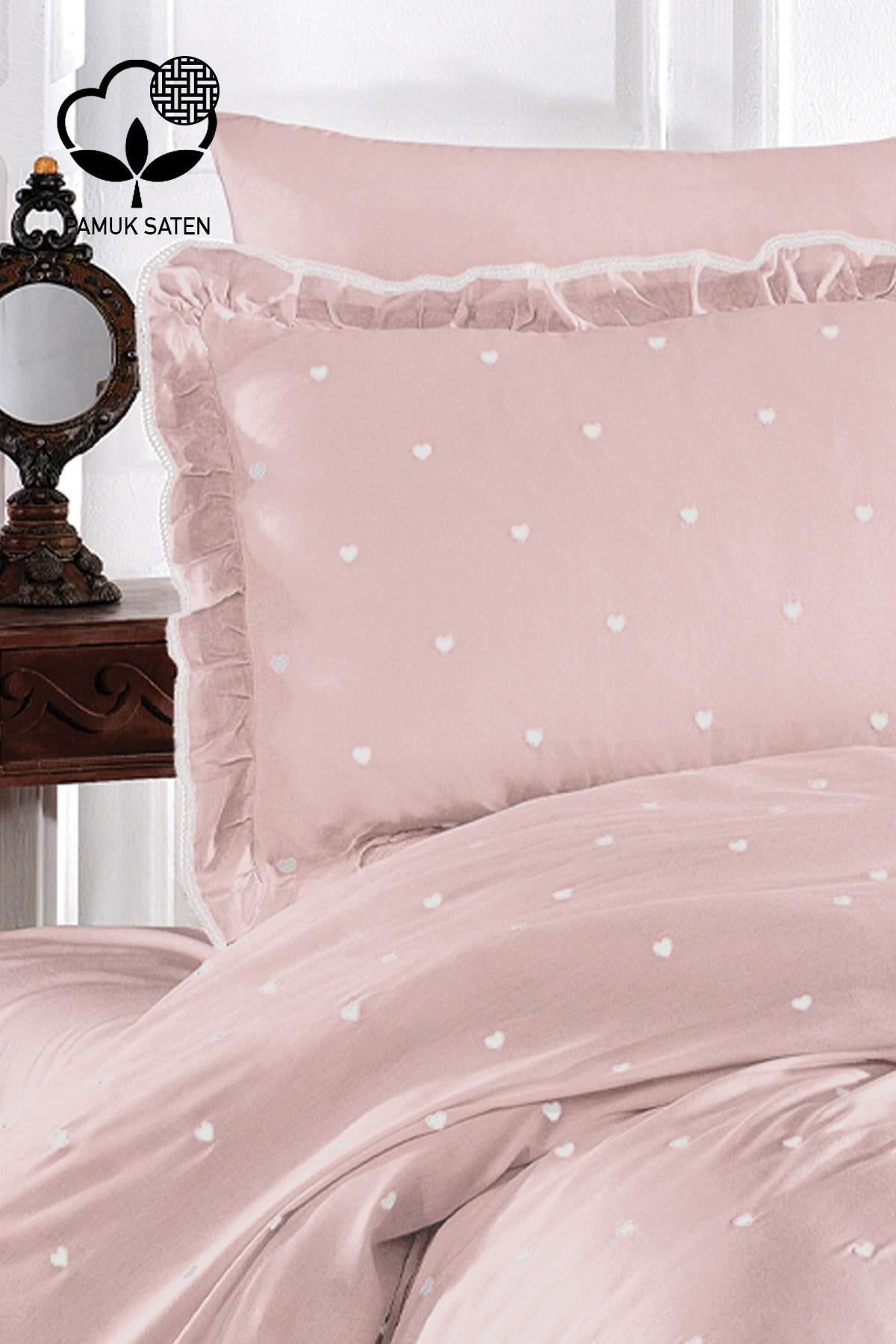Amore Heart Embroidered Cotton Satin Single 4-Piece Duvet Cover Set